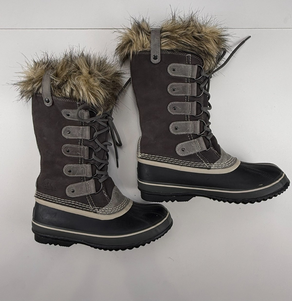 Sorel Joan of Arctic Boots Womens 8 Gray Suede Waterproof Winter Snow Faux Fur